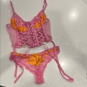 Savage X Fenty Pink and Yellow Lace Corset Bra Set